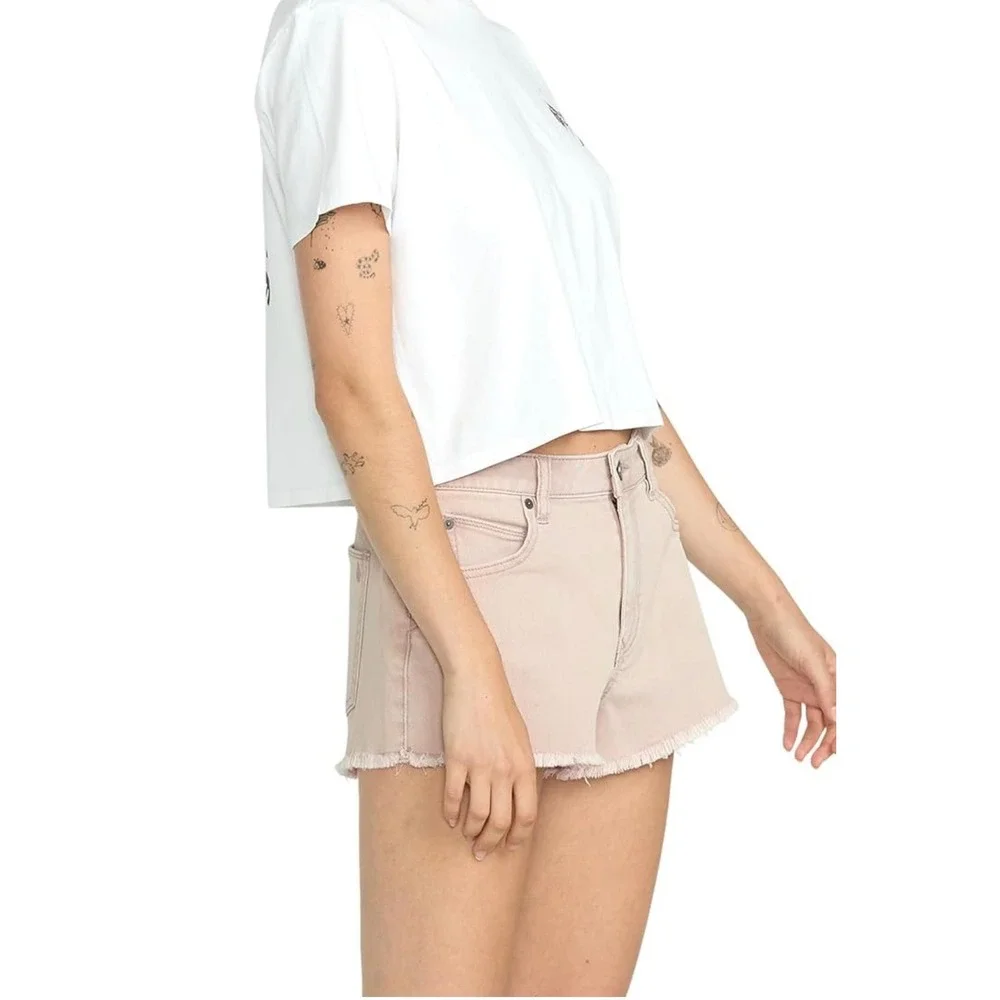 NWT Volcom 1991 Stoned Denim Shorts Womens High Rise Baggy Frayed Hem Mauve 31